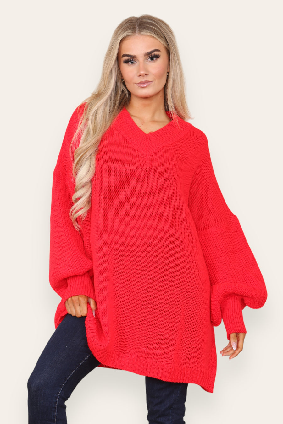 Balloon Sleeve V Neck Jumper