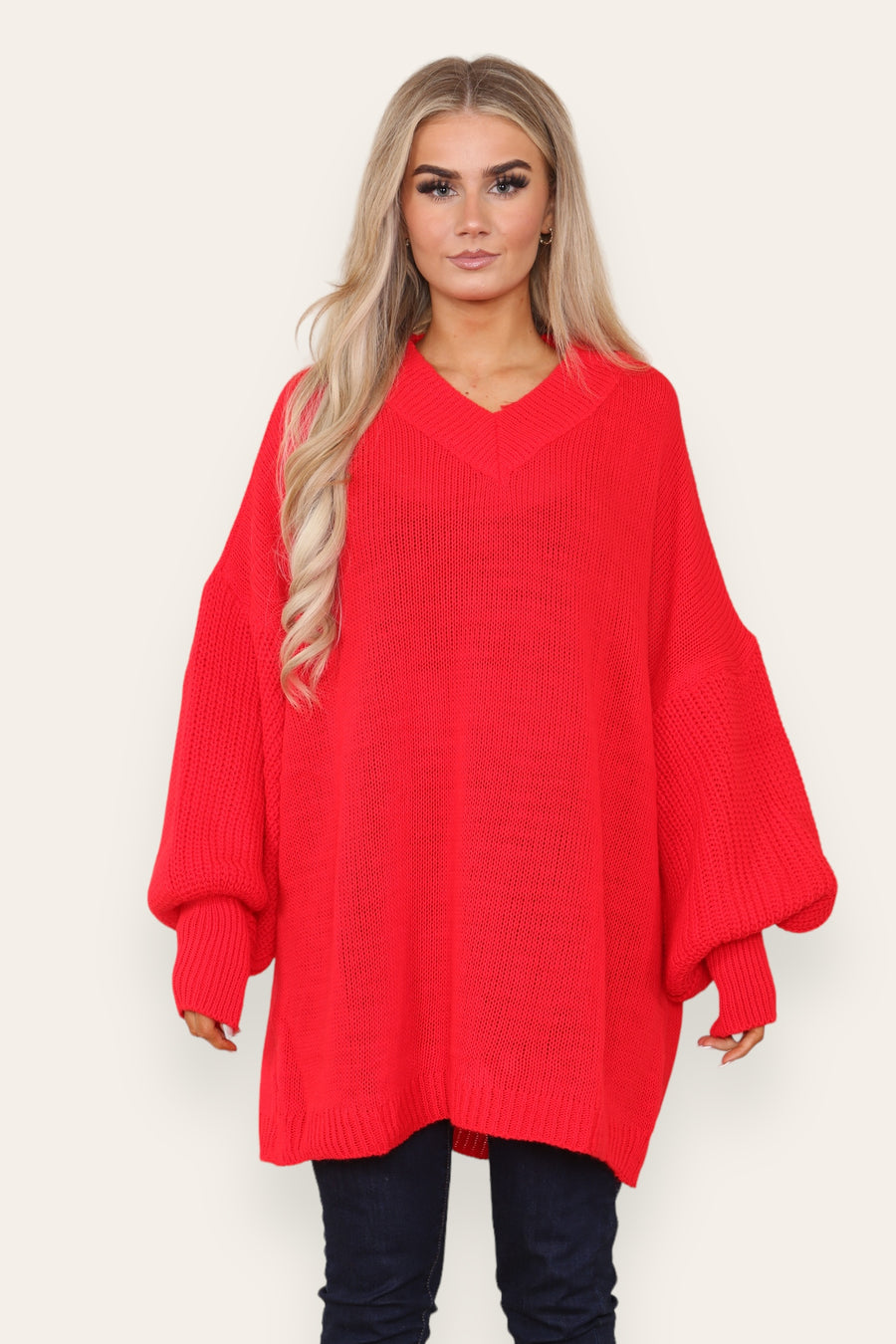 Balloon Sleeve V Neck Jumper