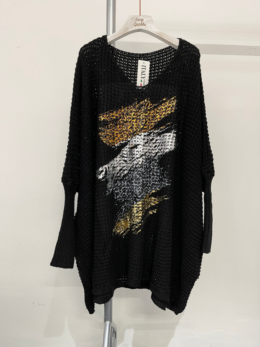 Cable Knit Plus Size Loose Fit Jumper With Fitted Sleeves Soft V Neck And Brushed Leopard Print On Front