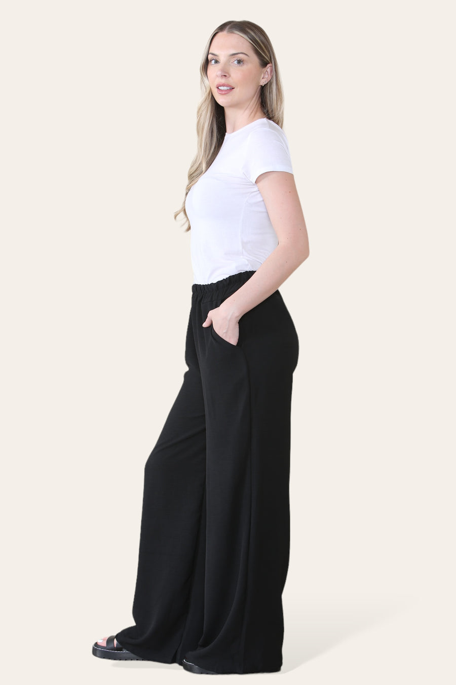 Elongated Palazzo Wide Straight Leg Trousers with Elasticated Waistband