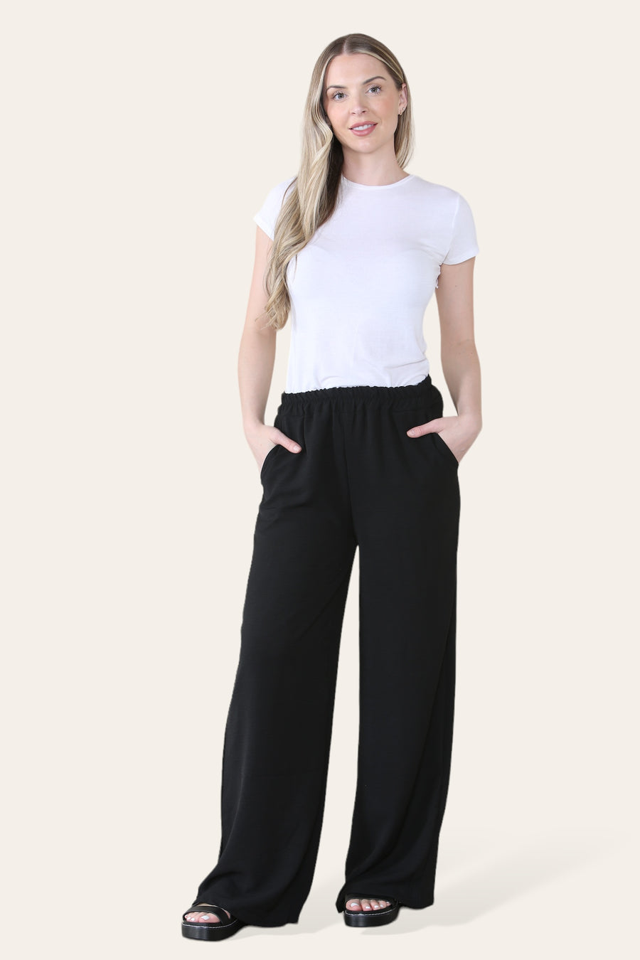 Elongated Palazzo Wide Straight Leg Trousers with Elasticated Waistband