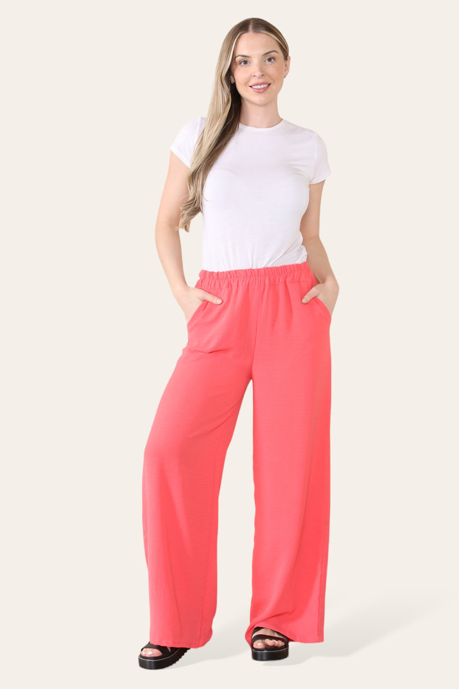 Elongated Palazzo Wide Straight Leg Trousers with Elasticated Waistband