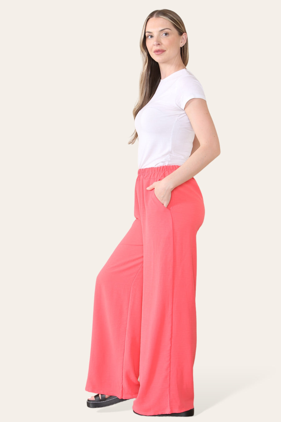 Elongated Palazzo Wide Straight Leg Trousers with Elasticated Waistband