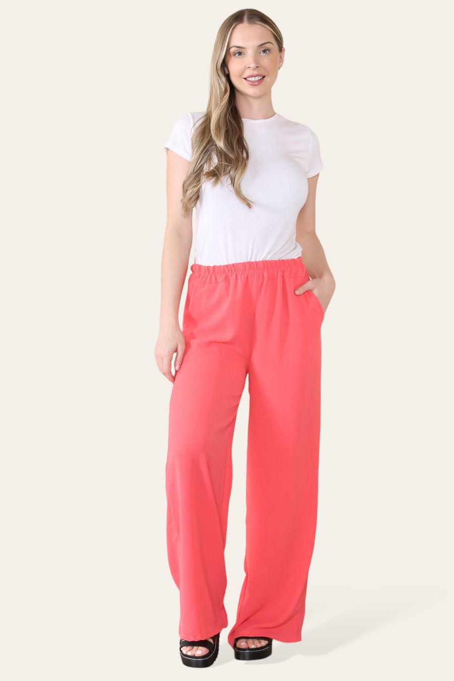 Elongated Palazzo Wide Straight Leg Trousers with Elasticated Waistband