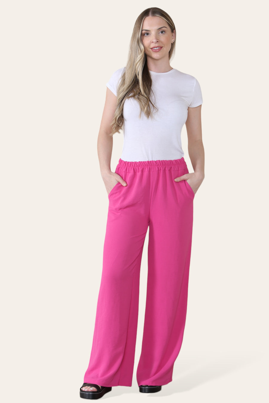 Elongated Palazzo Wide Straight Leg Trousers with Elasticated Waistband