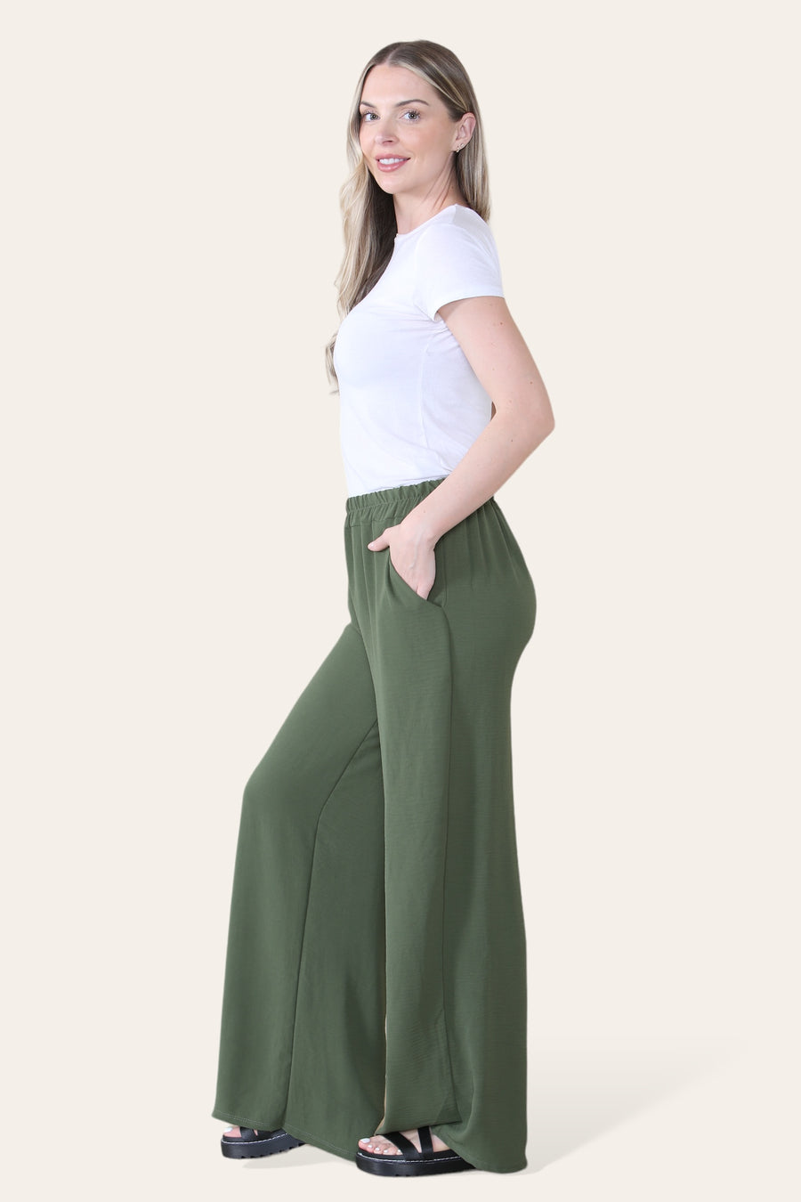 Elongated Palazzo Wide Straight Leg Trousers with Elasticated Waistband