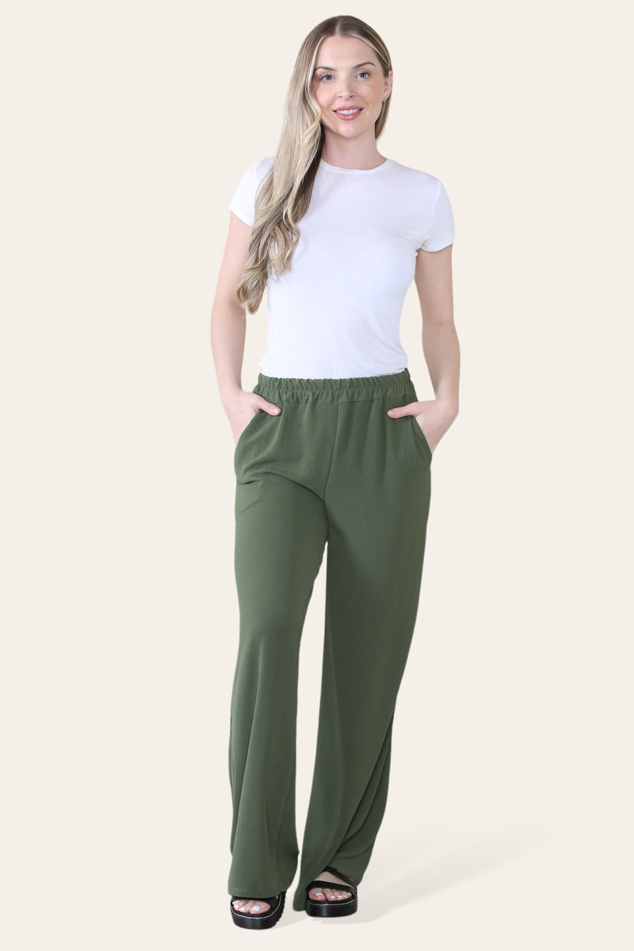 Elongated Palazzo Wide Straight Leg Trousers with Elasticated Waistband