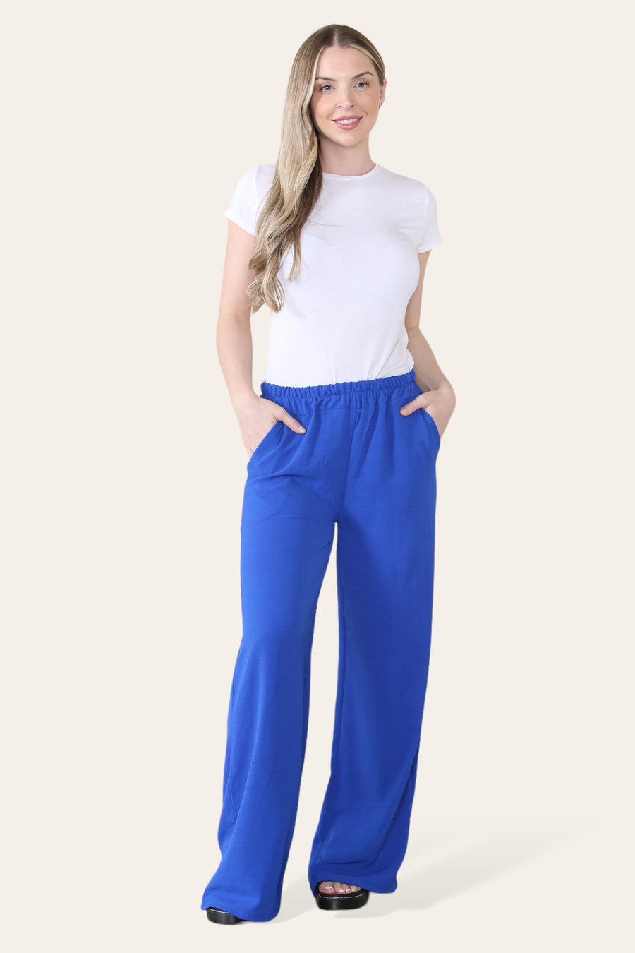 Elongated Palazzo Wide Straight Leg Trousers with Elasticated Waistband