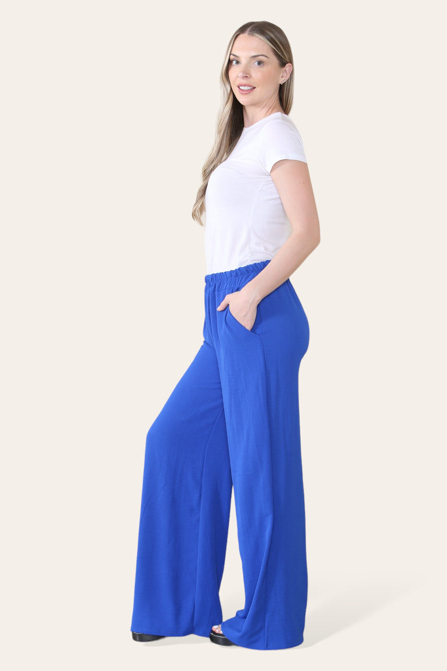 Elongated Palazzo Wide Straight Leg Trousers with Elasticated Waistband