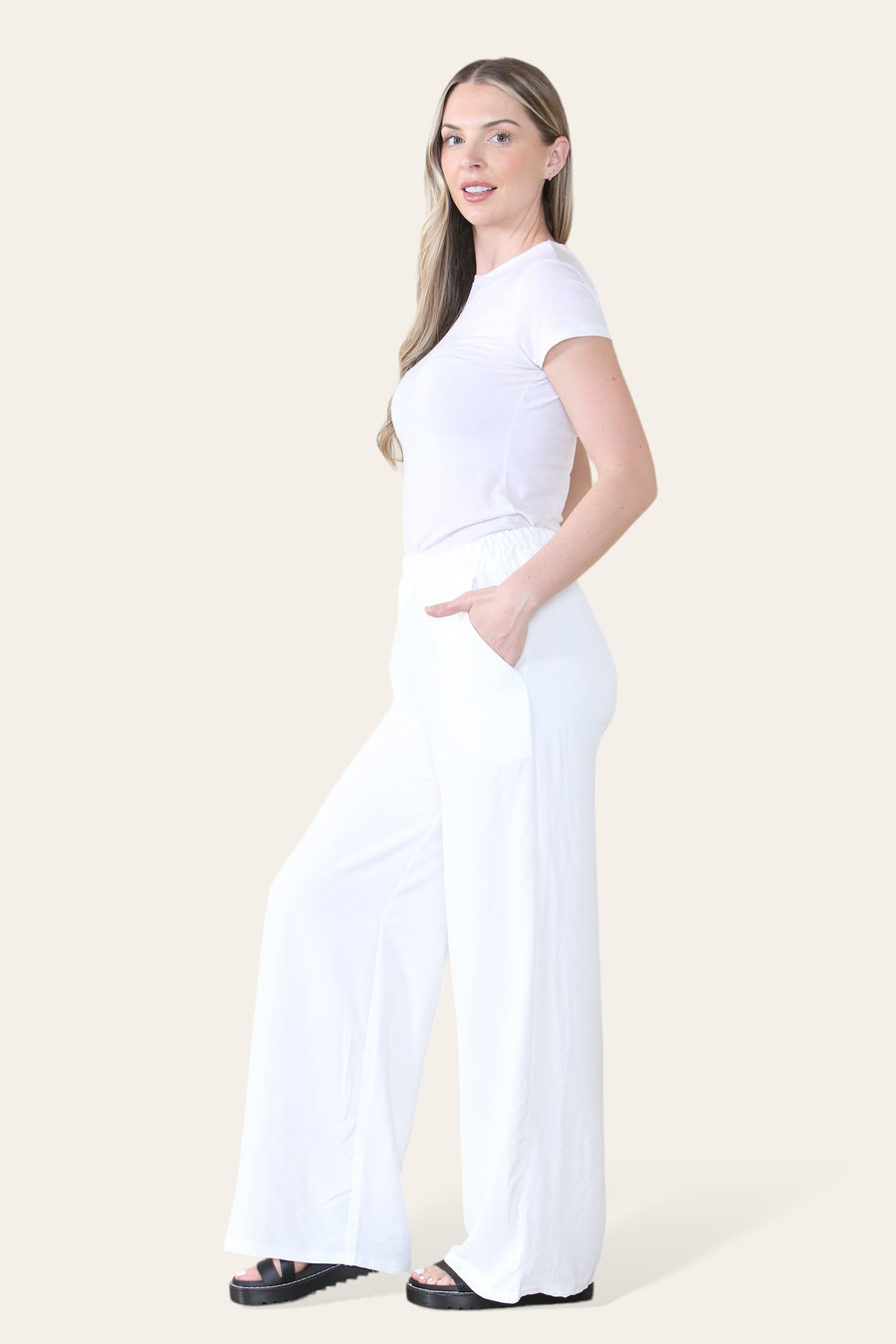 Elongated Palazzo Wide Straight Leg Trousers with Elasticated Waistband