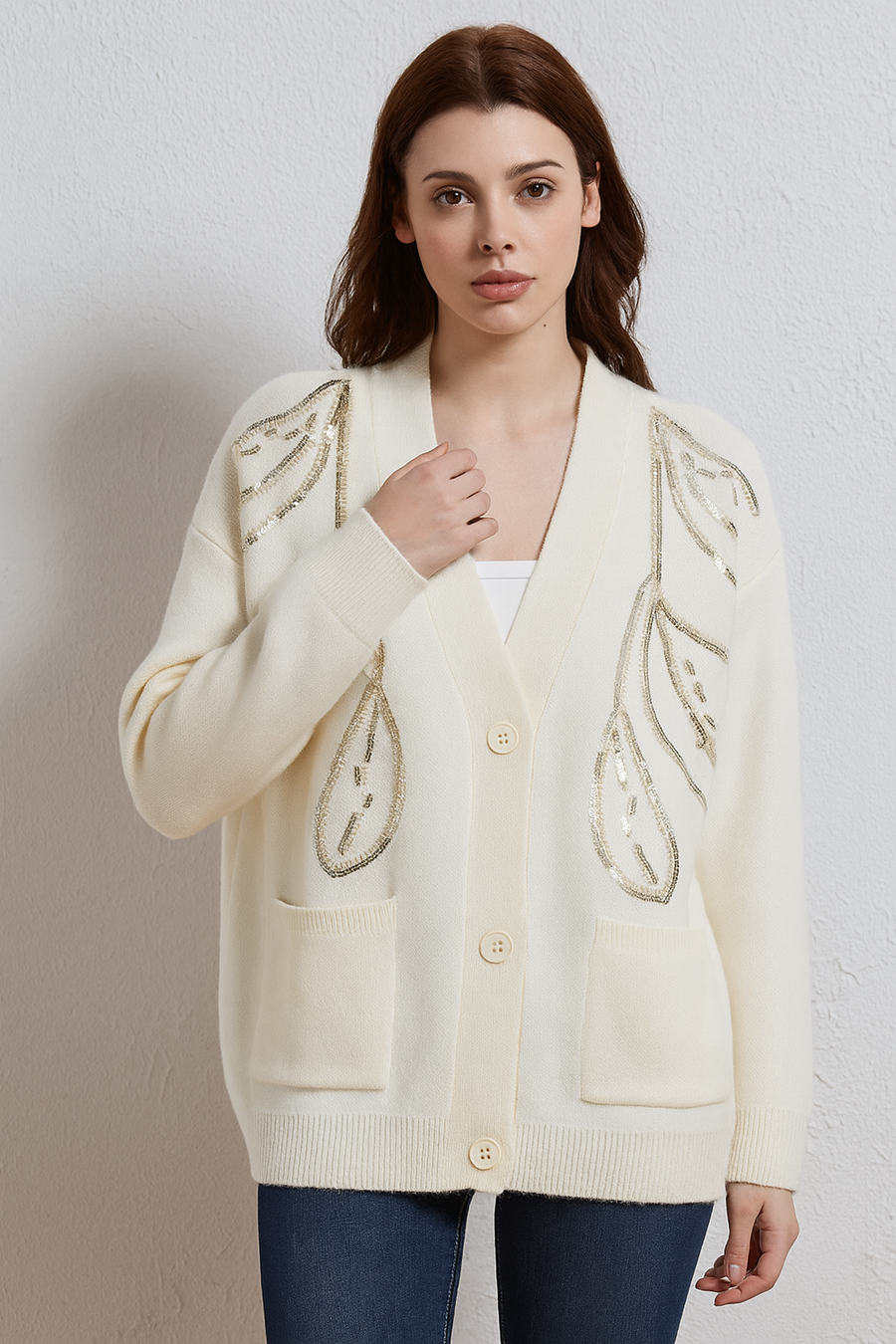 KNITTED BUTTON UP CARDIGAN WITH FRONT POCKETS AND GOLD SEQUIN DESIGN