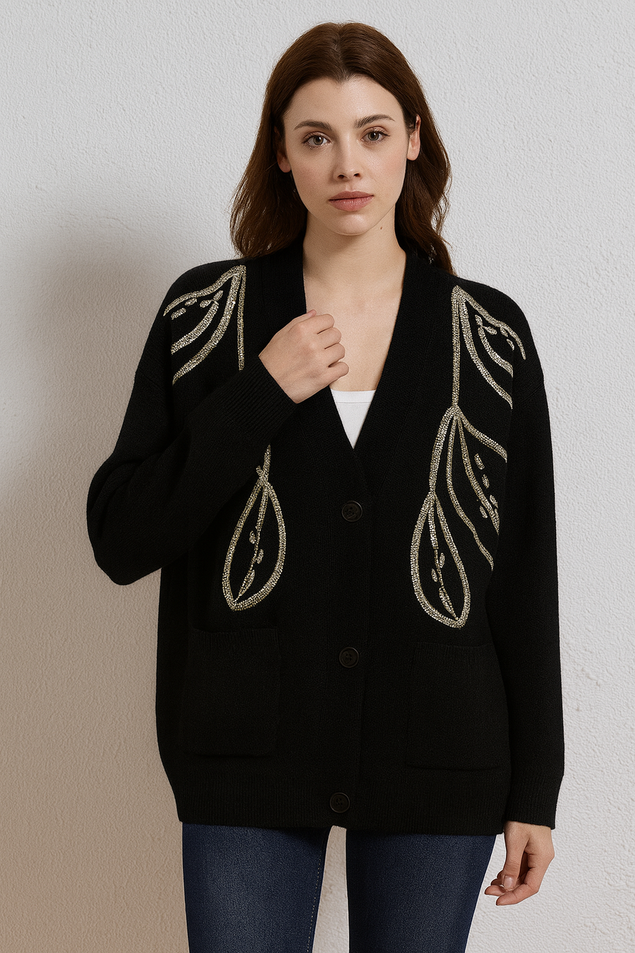 KNITTED BUTTON UP CARDIGAN WITH FRONT POCKETS AND GOLD SEQUIN DESIGN