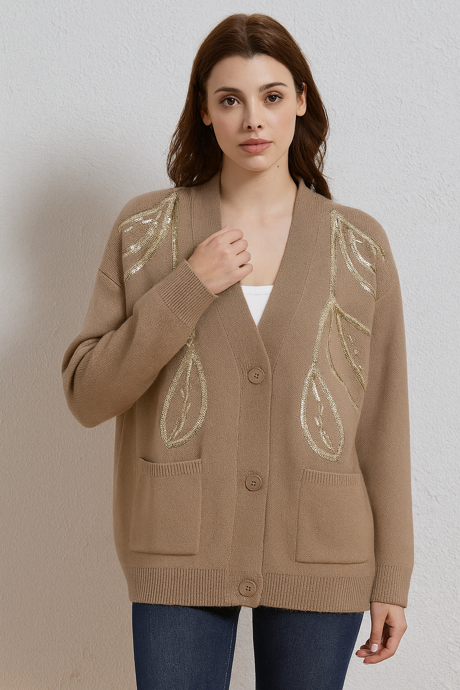 KNITTED BUTTON UP CARDIGAN WITH FRONT POCKETS AND GOLD SEQUIN DESIGN