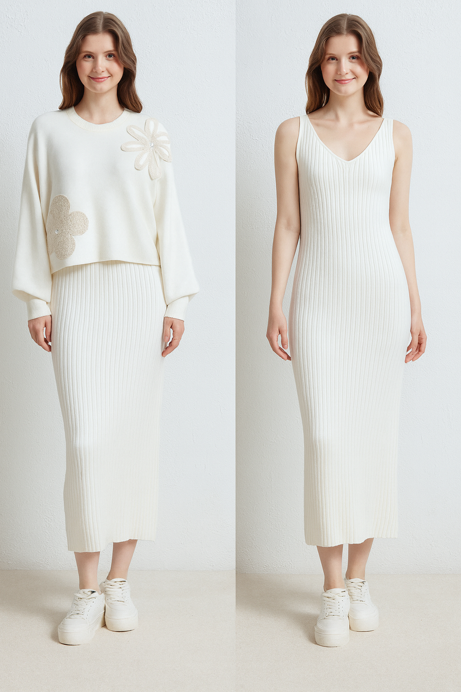SOFT KNIT 2 PIECE DRESS WITH FLORAL DESIGN