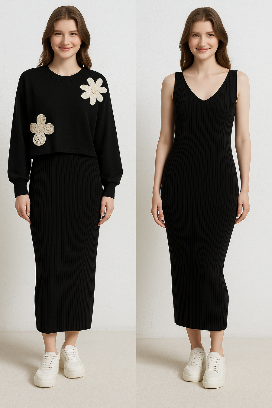 SOFT KNIT 2 PIECE DRESS WITH FLORAL DESIGN
