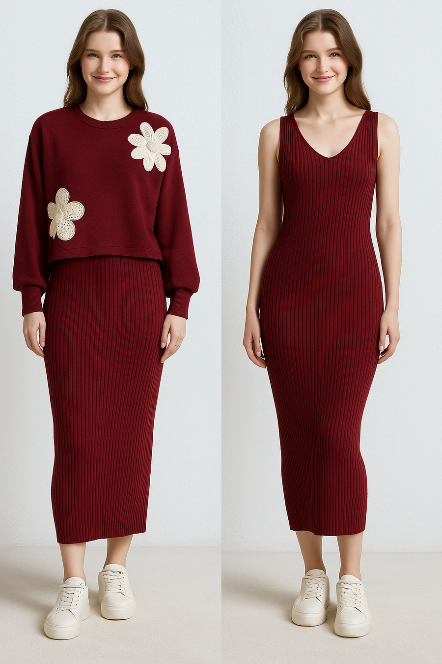 SOFT KNIT 2 PIECE DRESS WITH FLORAL DESIGN