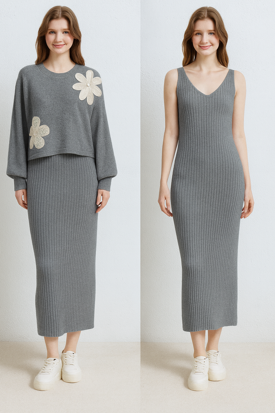 SOFT KNIT 2 PIECE DRESS WITH FLORAL DESIGN