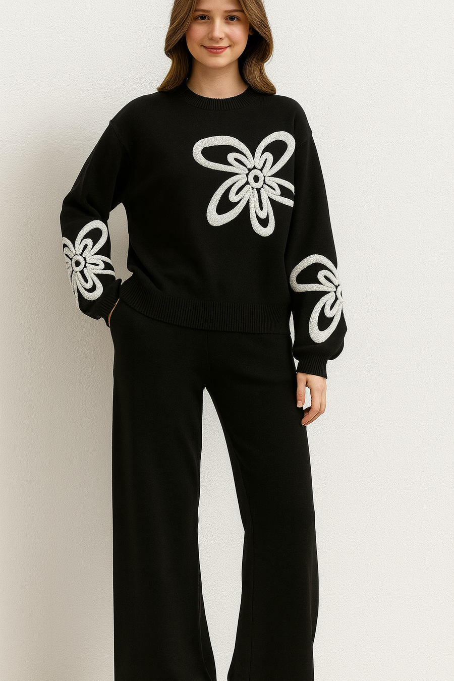 PREMIUM KNIT CO-ORD SET WITH FLOWER EMBELLISHMENT DESIGN