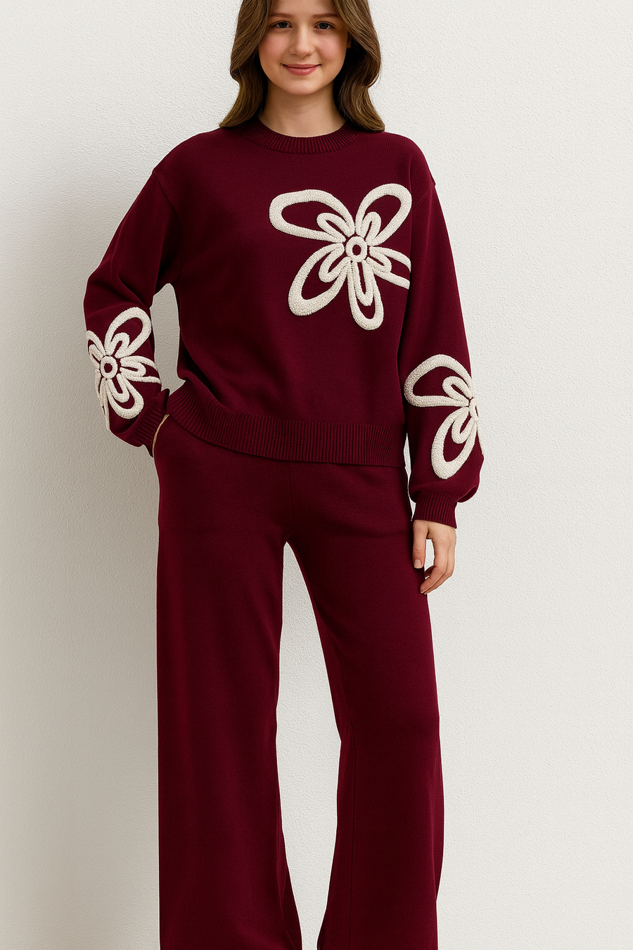 PREMIUM KNIT CO-ORD SET WITH FLOWER EMBELLISHMENT DESIGN