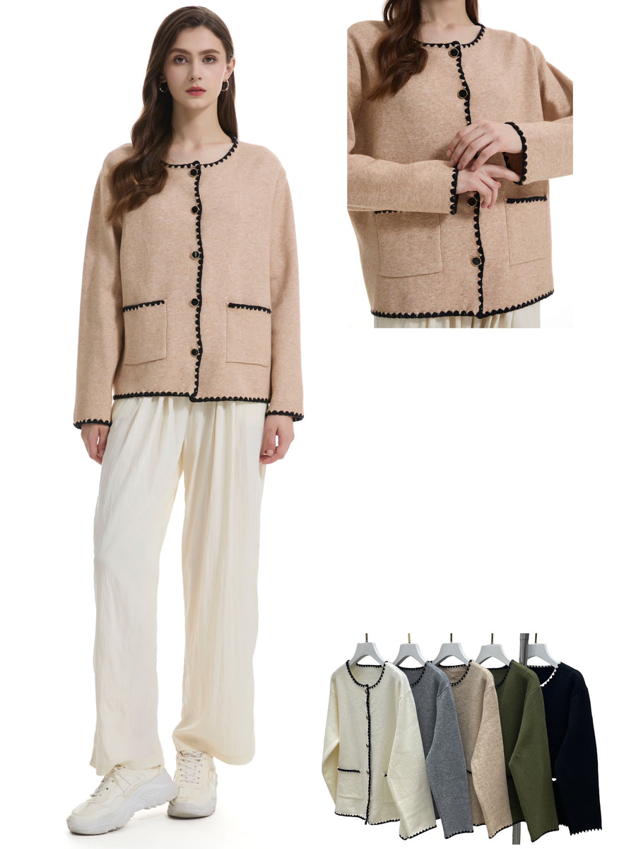 HEAVY KNIT BUTTONED UP CARDIGAN WITH FRONT POCKETS AND TEETH EDGING