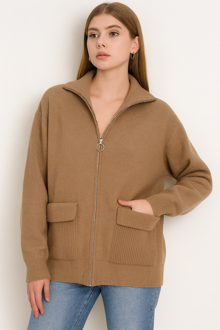 PREMIUM KNIT COLLARED ZIP UP JACKET WITH RIBBED POCKETS