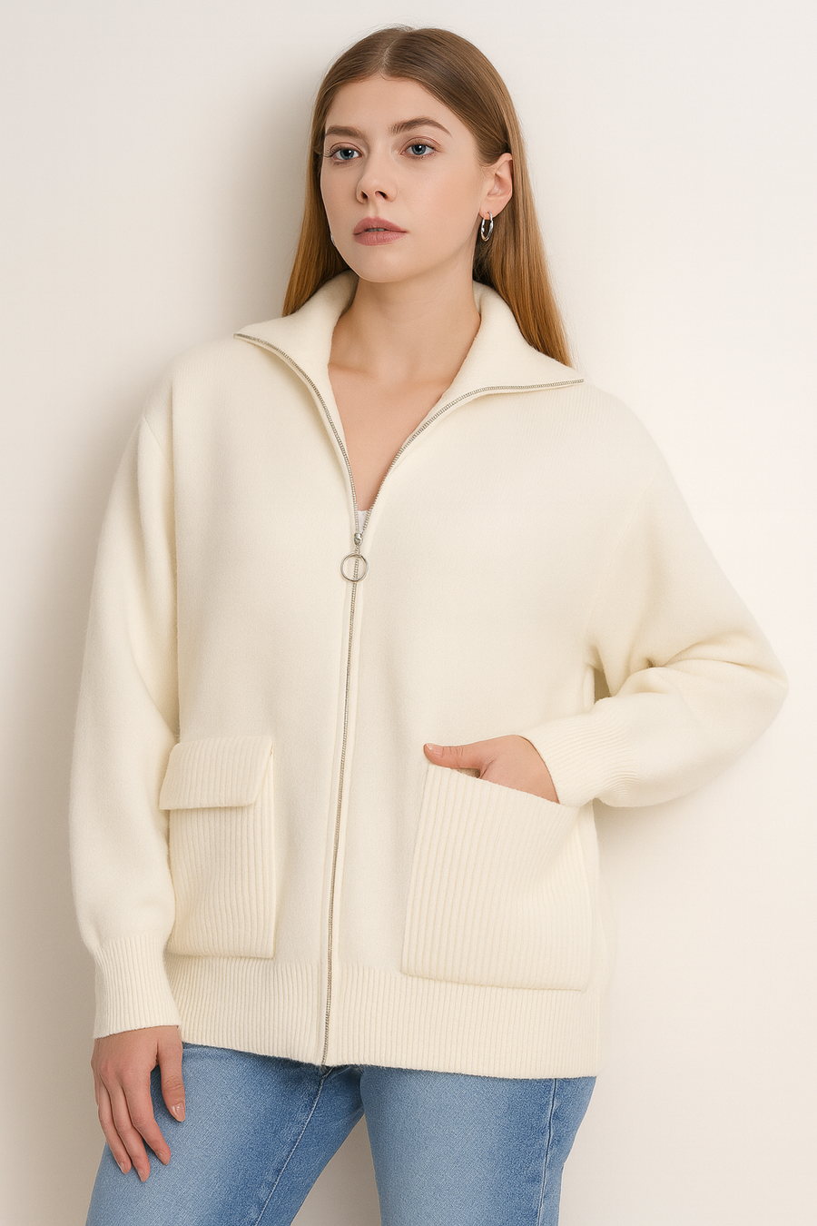 PREMIUM KNIT COLLARED ZIP UP JACKET WITH RIBBED POCKETS
