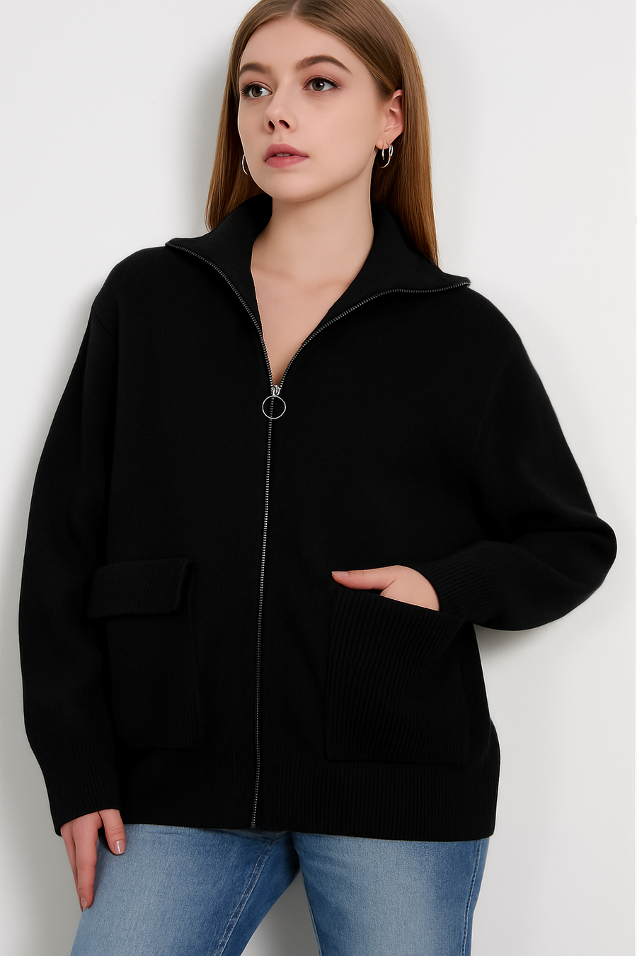 PREMIUM KNIT COLLARED ZIP UP JACKET WITH RIBBED POCKETS