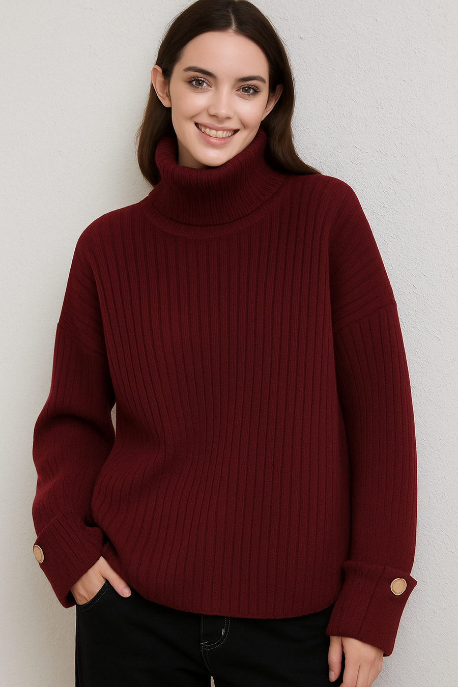 RIBBED ROLL NECK JUMPER WITH FOLDED CUFFS
