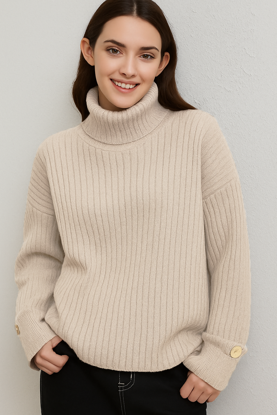 RIBBED ROLL NECK JUMPER WITH FOLDED CUFFS
