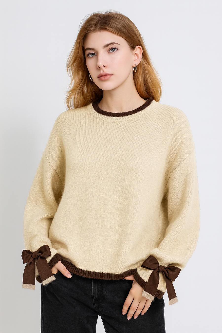 KNITTED JUMPER WITH CONTRASTING EDGING AND DECORATIVE BOW ON SLEEVES