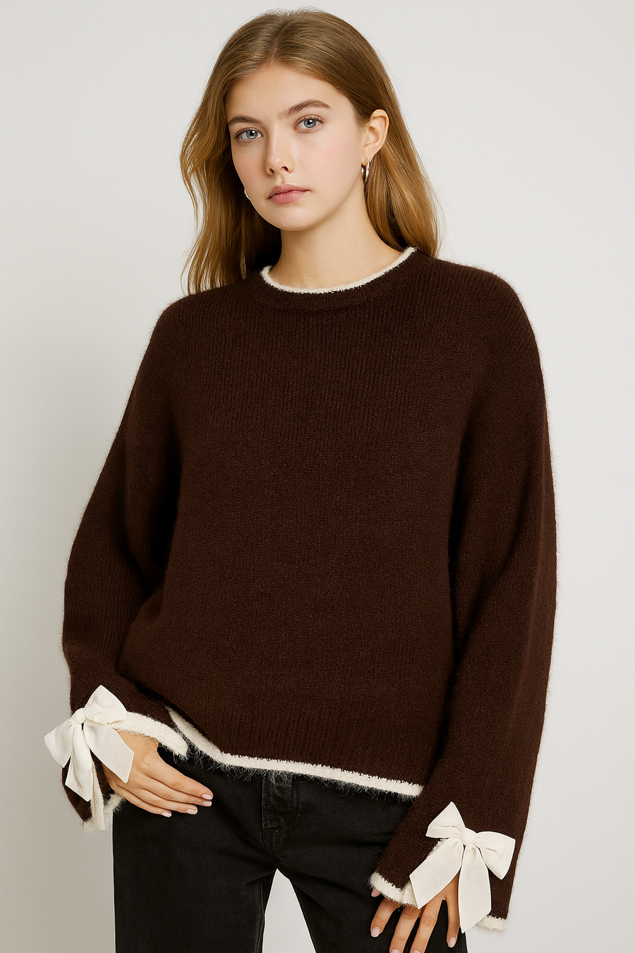 KNITTED JUMPER WITH CONTRASTING EDGING AND DECORATIVE BOW ON SLEEVES