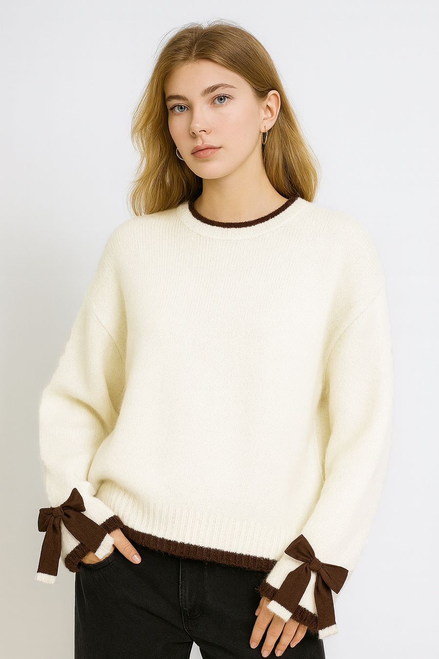 KNITTED JUMPER WITH CONTRASTING EDGING AND DECORATIVE BOW ON SLEEVES