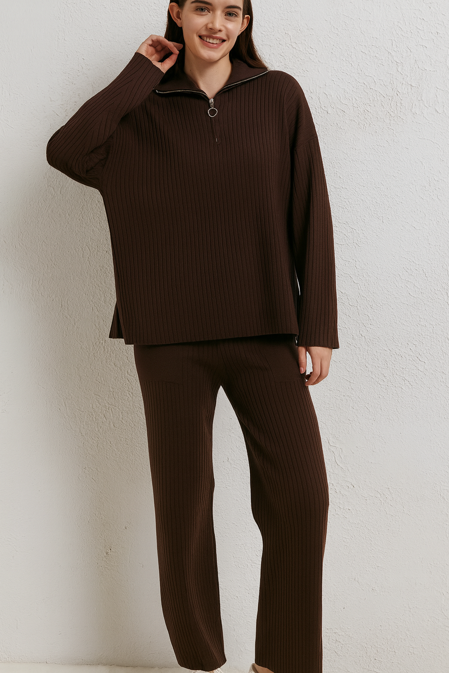 PREMIUM QUALITY KNIT RIBBED CO-ORD SET WITH ZIP UP COLLAR