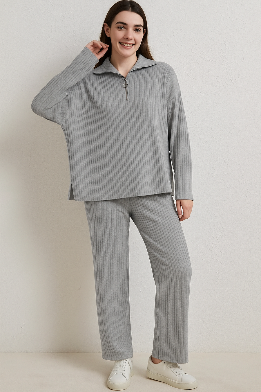 PREMIUM QUALITY KNIT RIBBED CO-ORD SET WITH ZIP UP COLLAR