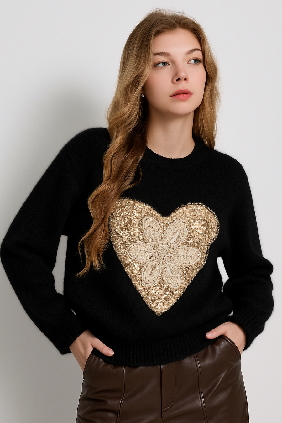 knitted jumper with heart shaped sequins encasing a laced flower design