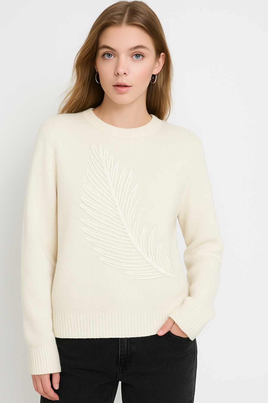 CHUNKY KNIT JUMPER WITH FRONT FEATHER DESIGN