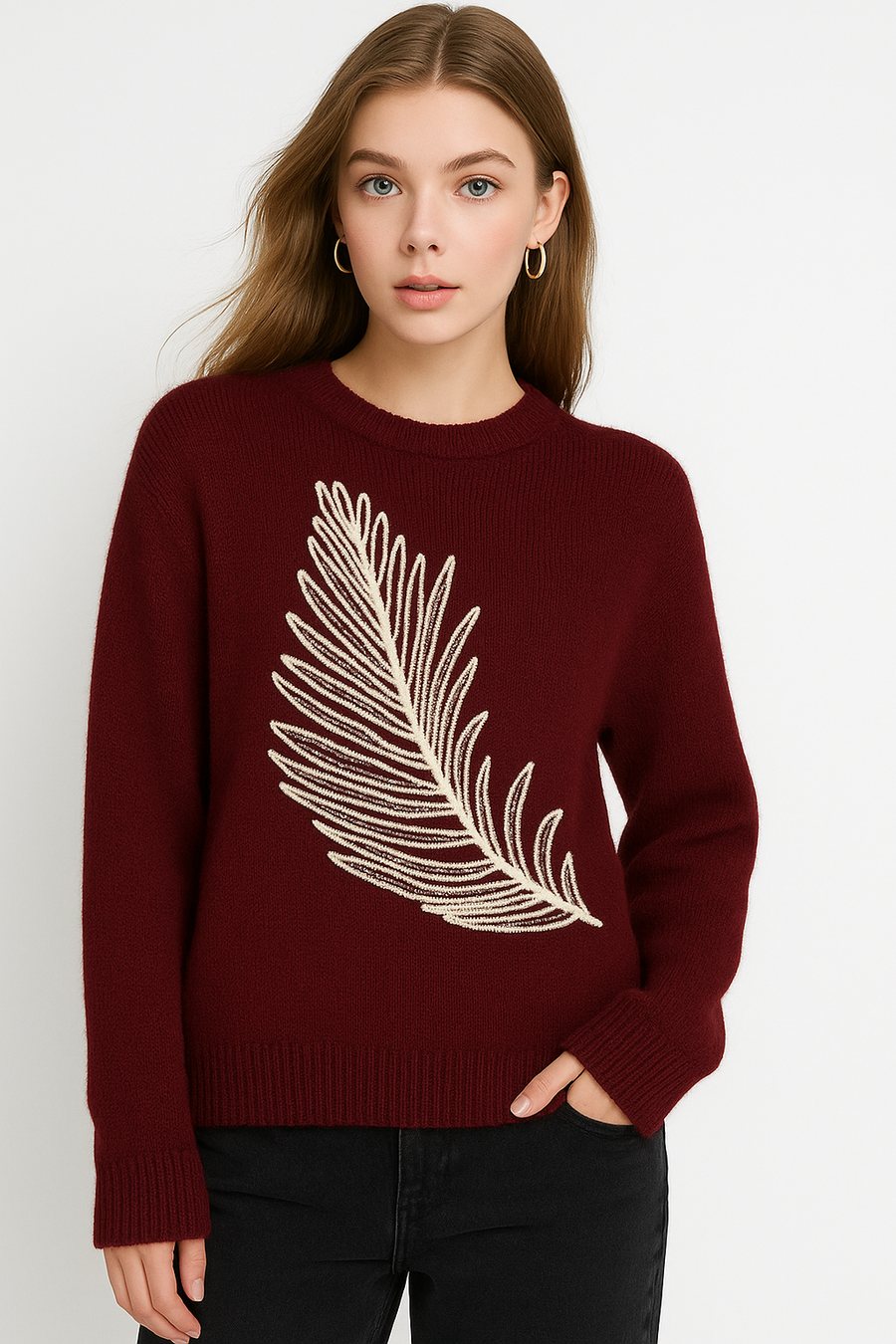 CHUNKY KNIT JUMPER WITH FRONT FEATHER DESIGN