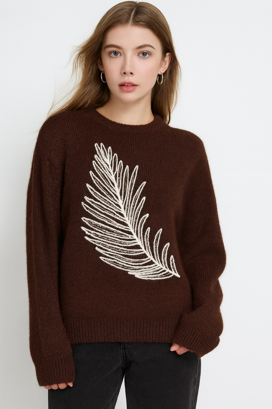 CHUNKY KNIT JUMPER WITH FRONT FEATHER DESIGN
