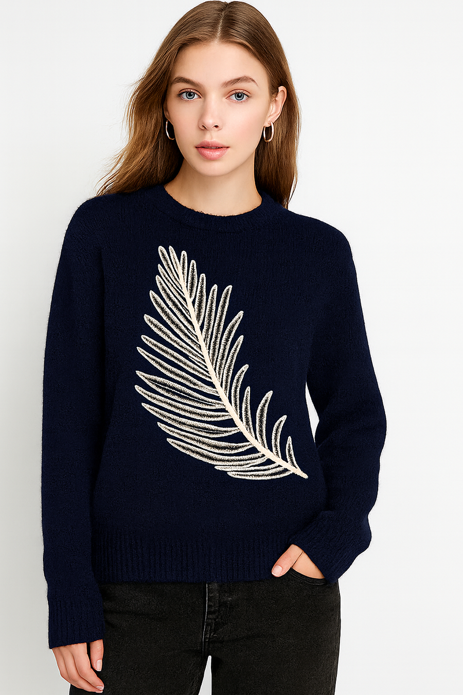 CHUNKY KNIT JUMPER WITH FRONT FEATHER DESIGN
