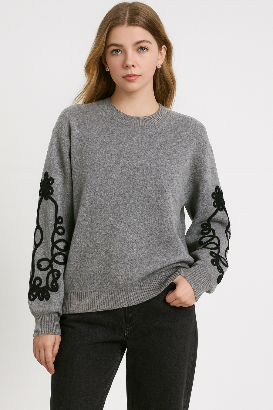CHUNKY KNITTED JUMPER WITH EMBELLISHED SLEEVES