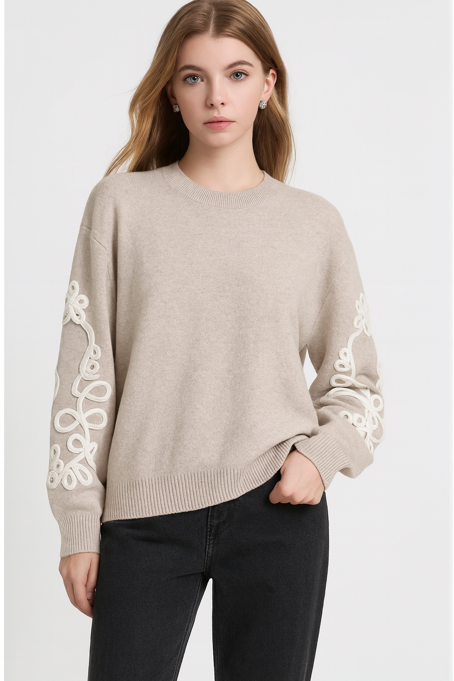 CHUNKY KNITTED JUMPER WITH EMBELLISHED SLEEVES