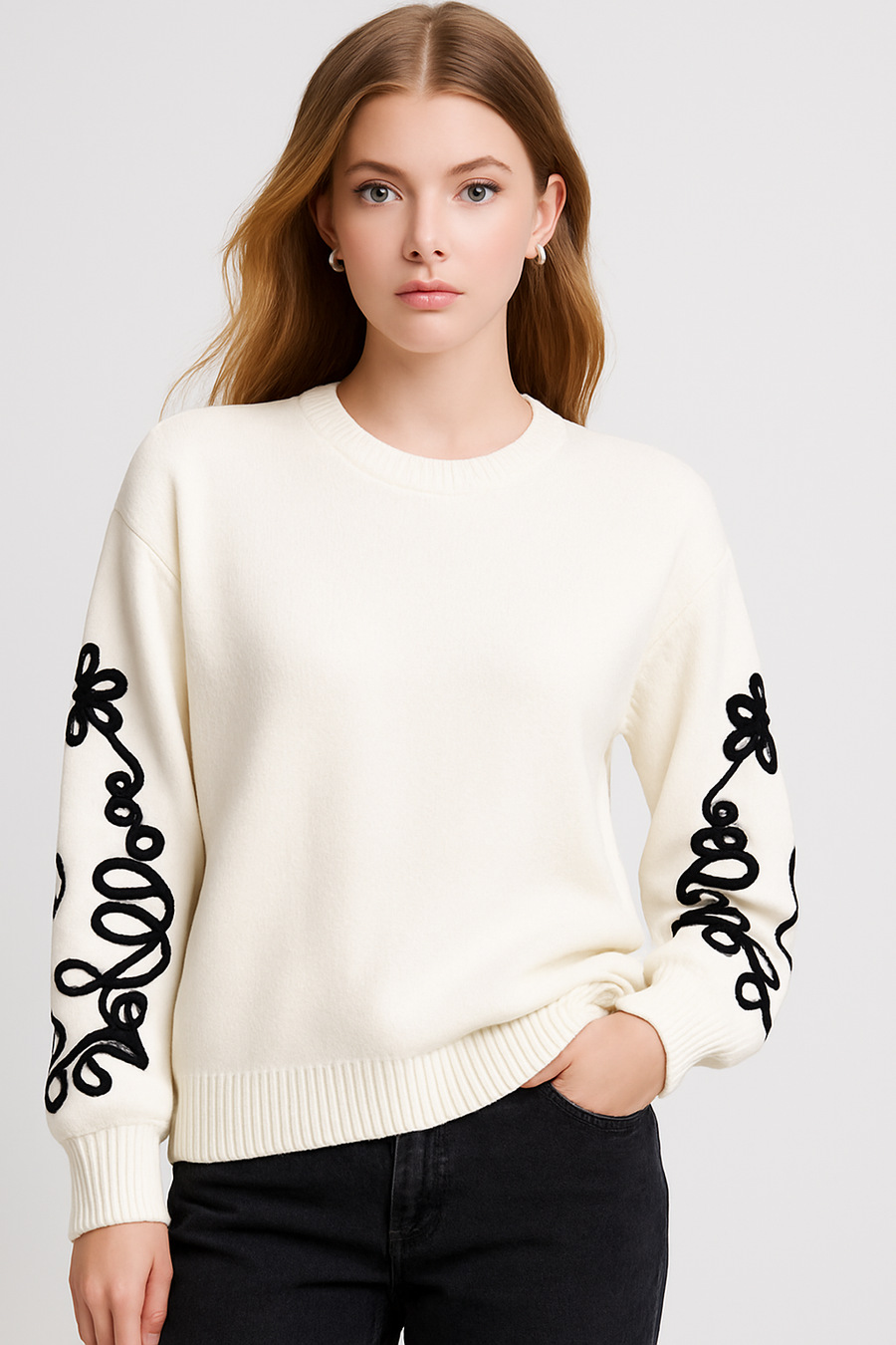CHUNKY KNITTED JUMPER WITH EMBELLISHED SLEEVES