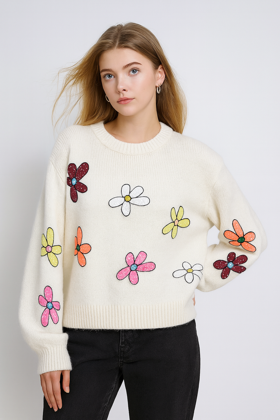 MULTI COLOUR FLORAL DESIGN CHUNKY KNIT JUMPER