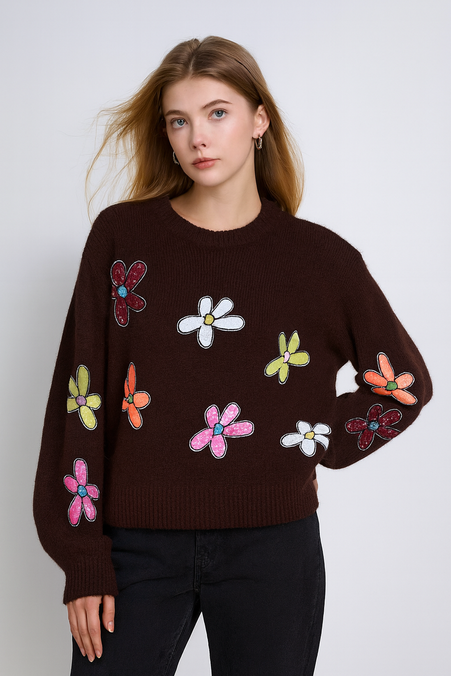 MULTI COLOUR FLORAL DESIGN CHUNKY KNIT JUMPER