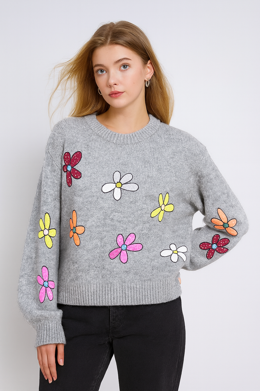 MULTI COLOUR FLORAL DESIGN CHUNKY KNIT JUMPER