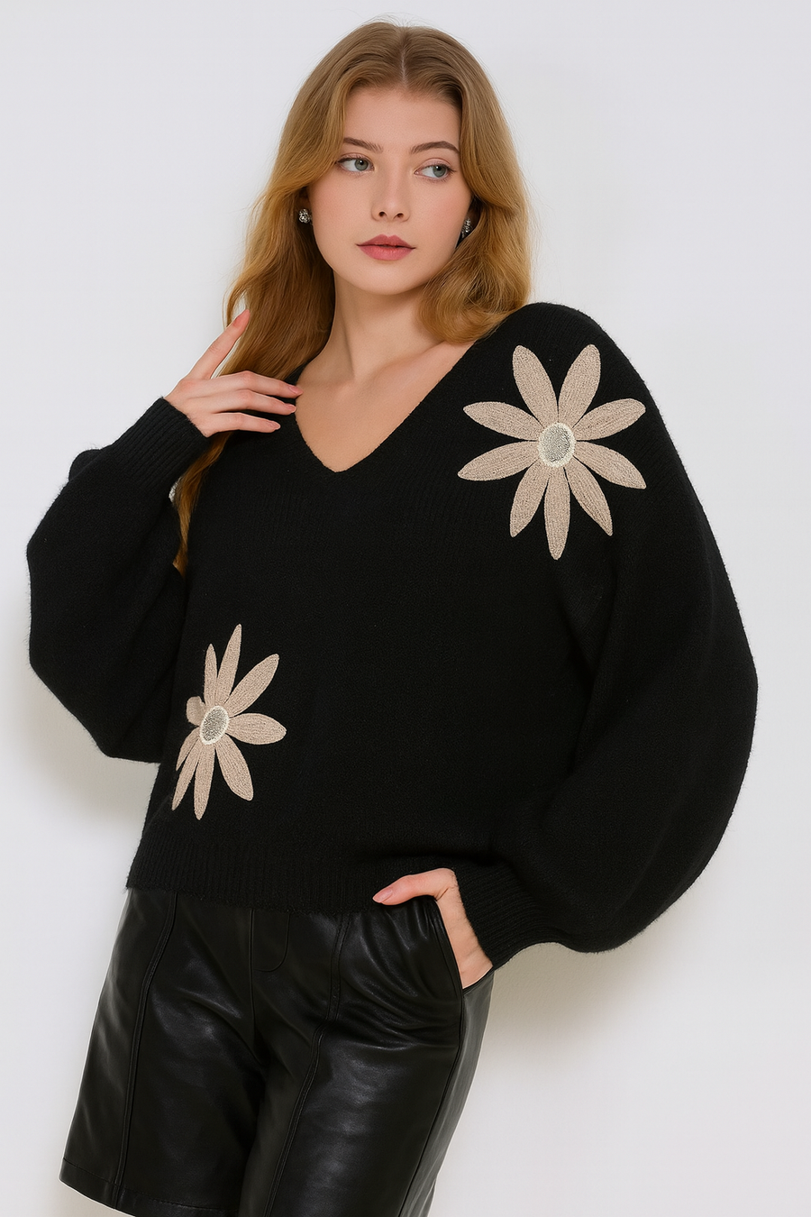 CHUNKY SOFT KNIT OVERSIZED JUMPER WITH FLORAL EMBELLISHMENT
