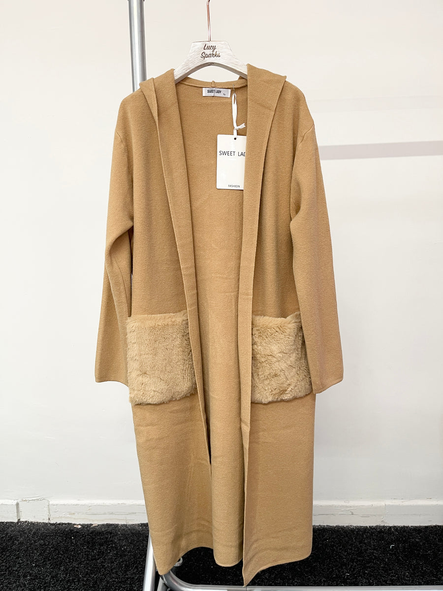 Heavy Knit Open Front Hooded Coat With Faux Fur Pockets