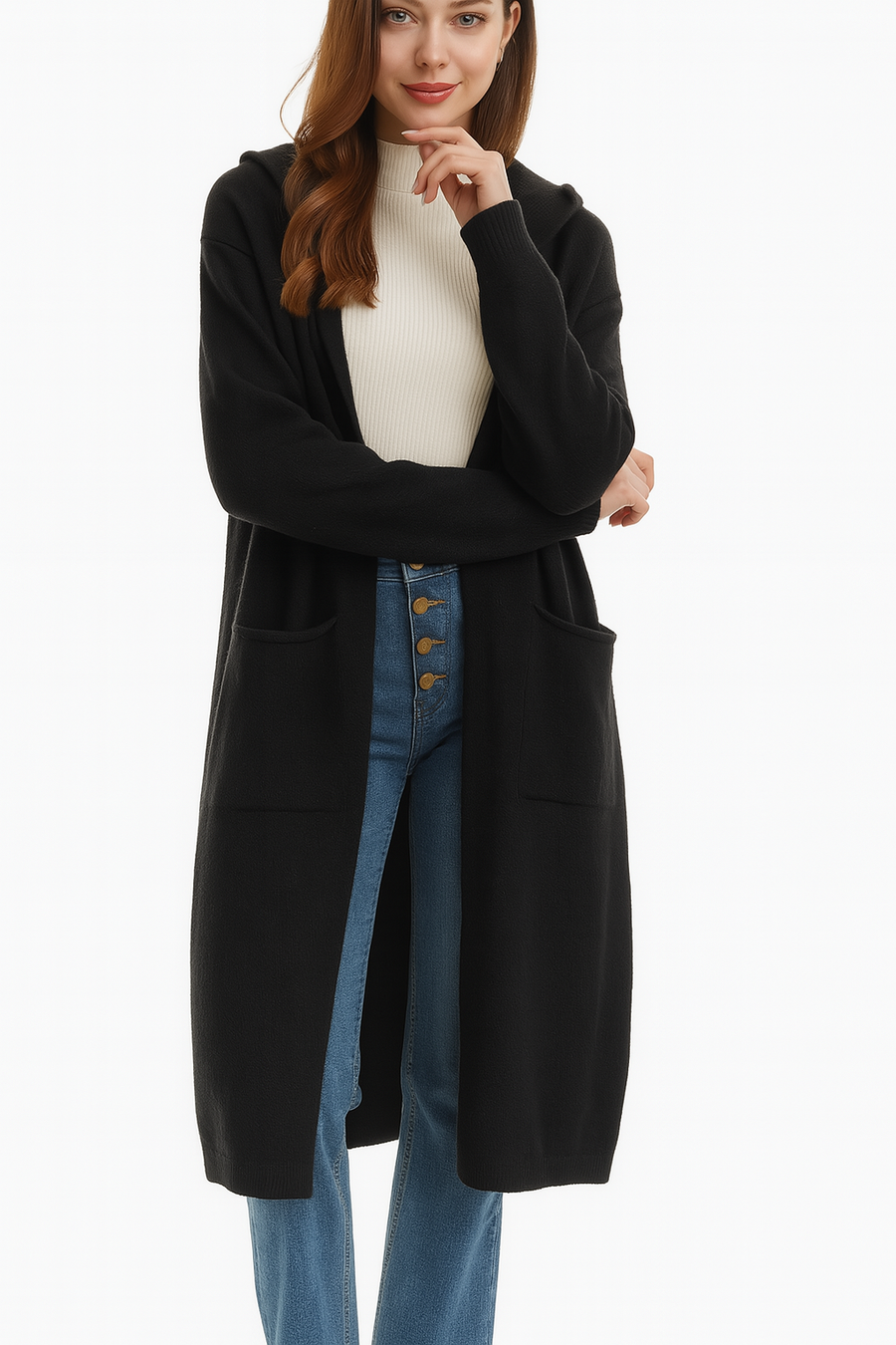Hooded Chunky Soft Knit Coat with Pockets and Buttons