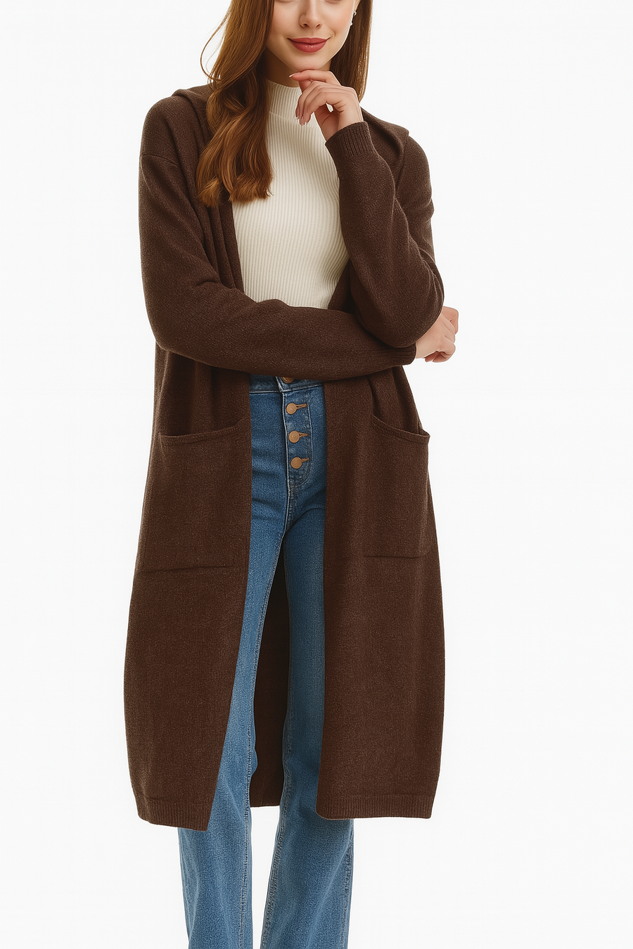 Hooded Chunky Soft Knit Coat with Pockets and Buttons