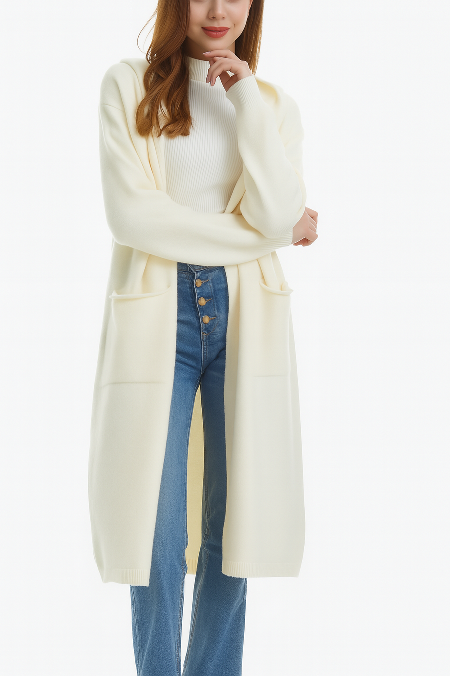 Hooded Chunky Soft Knit Coat with Pockets and Buttons